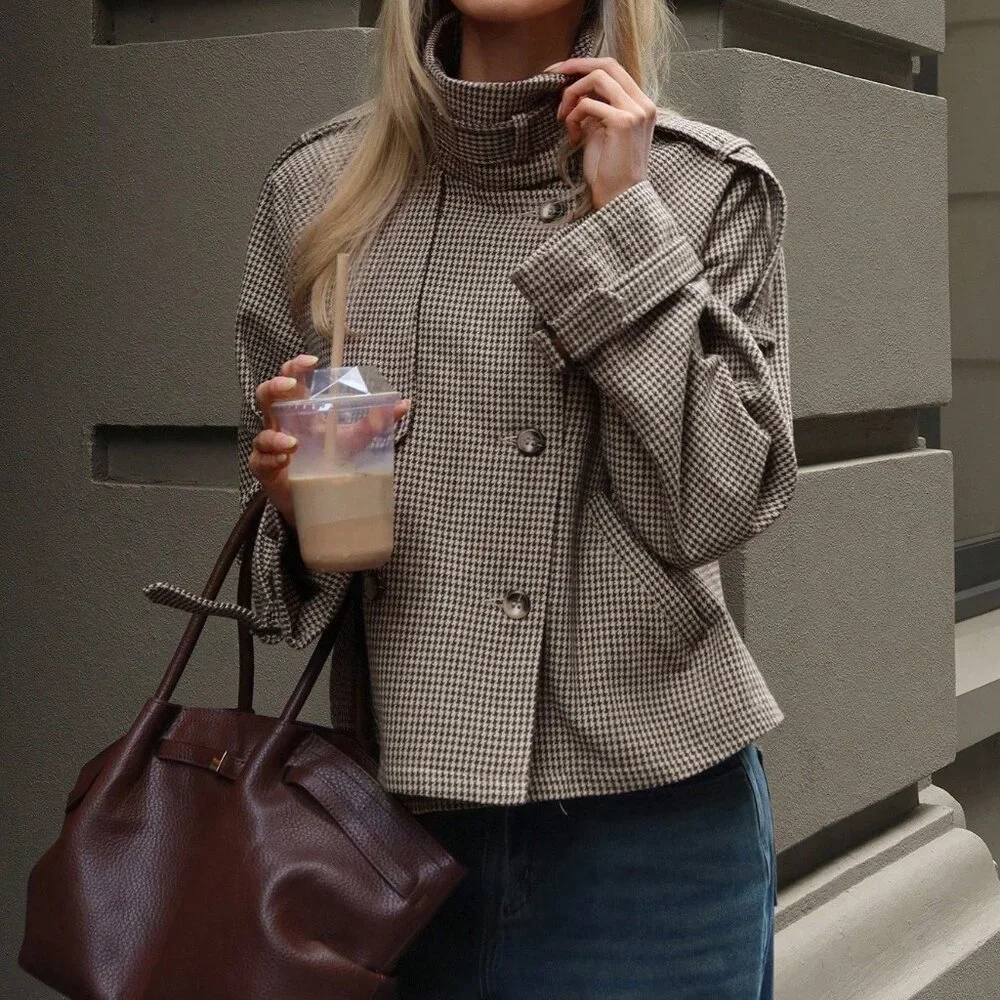 Khaki Chic Women's Loose Houndstooth Jacket